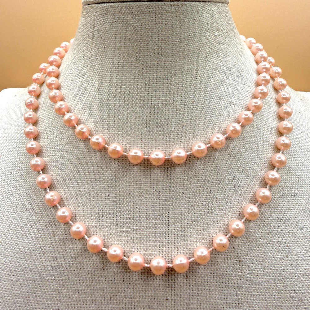 Pink Faux Pearl Long Strand Necklace Knotted Coquette Romantic Layering Gift Y2K